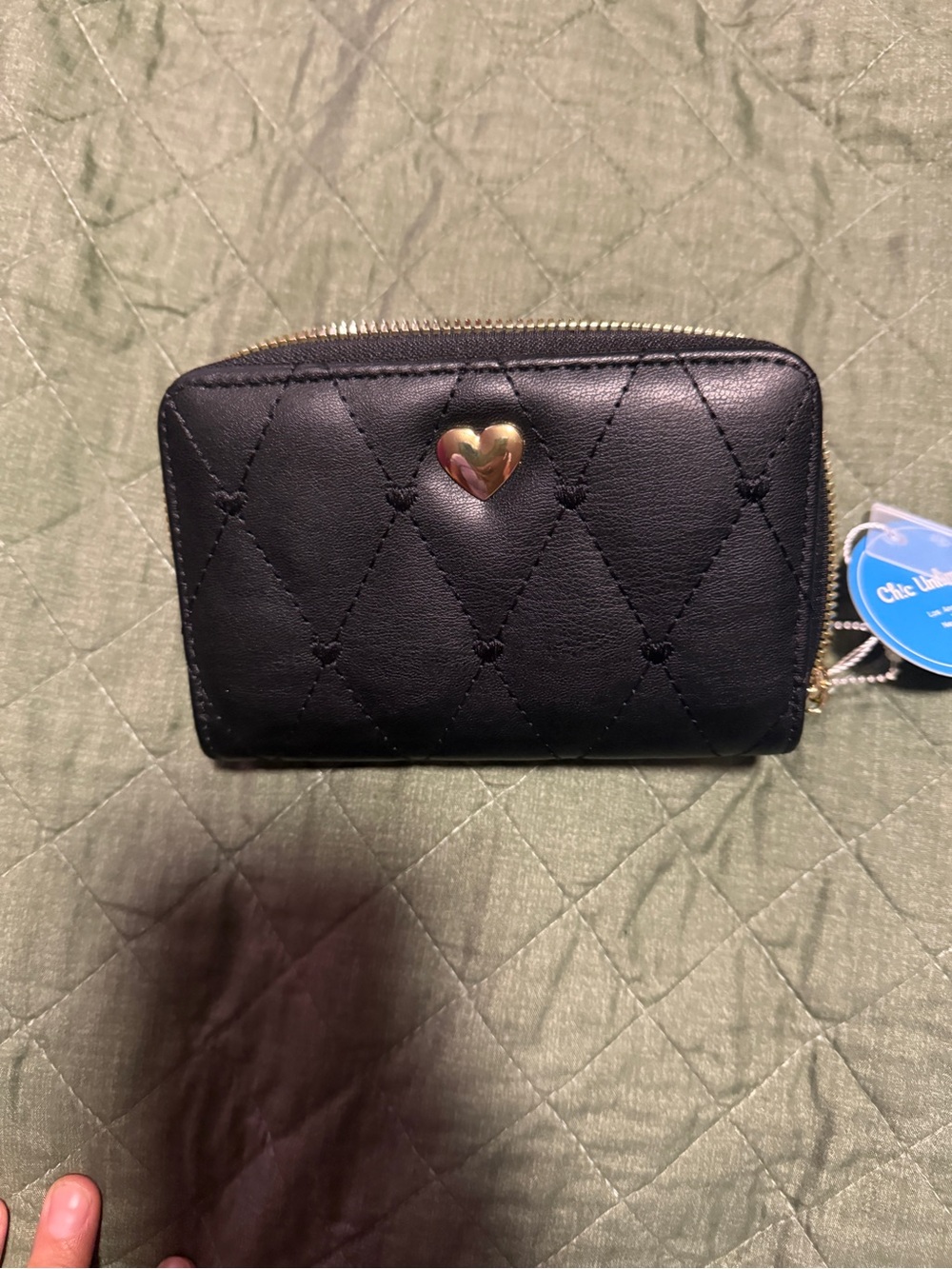 Black Quilted Zip Wallet with Gold Heart Accent - Unbranded